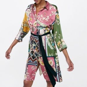 Zara Multicolor Floral Patchwork Belted Shirt Dress